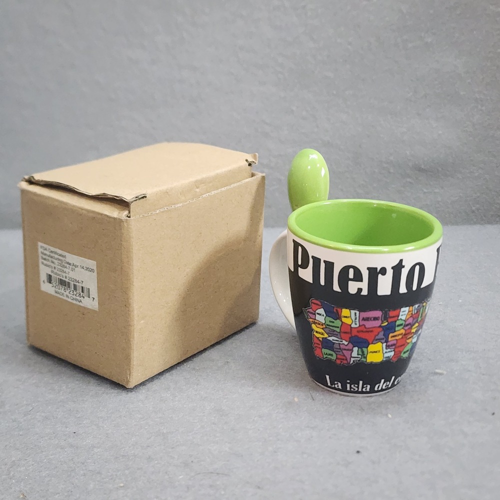 Rubio's Puerto Rico Espresso Mug Green Black Map Souvenir with Spoon NEW